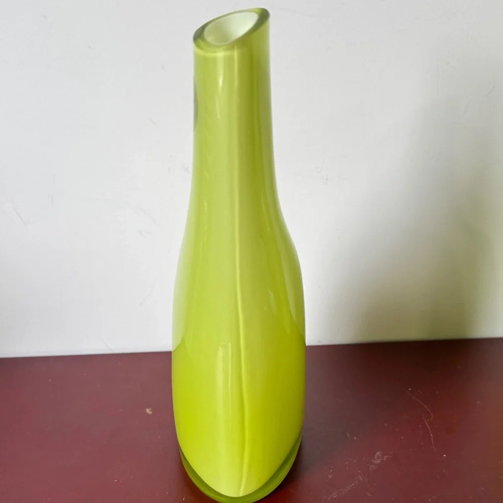 Vintage IKEA Okkso cased lime green glass asymmetrical bud vase. 1990’s